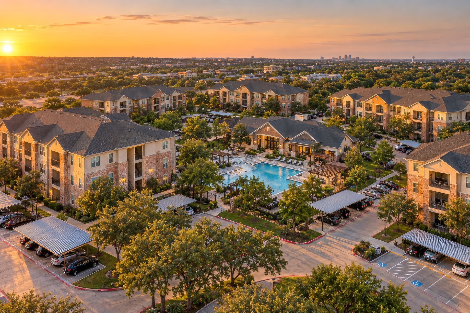 Aerial view of a large Texas apartment community at sunset