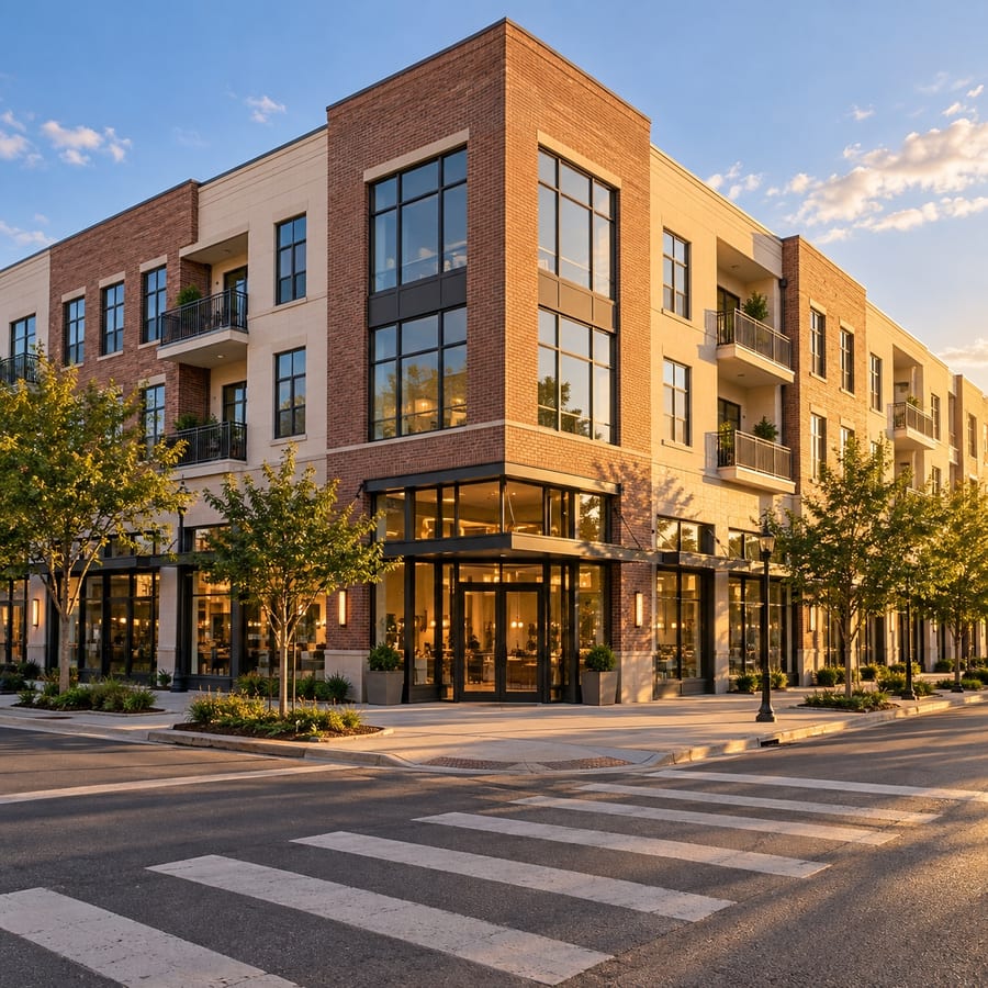 A mixed-use Texas building with ground-floor retail and apartments above