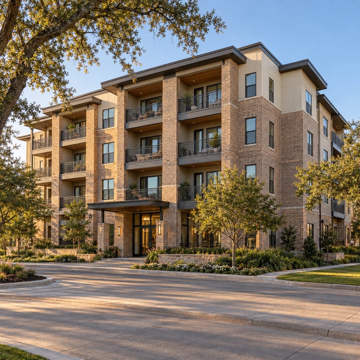 A four-storey Texas multifamily apartment building at golden hour