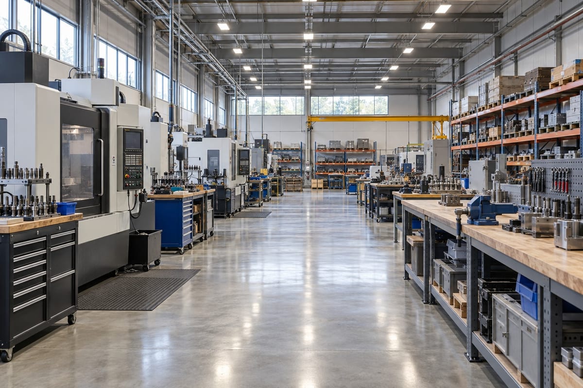 A light-industrial operating floor with machinery and tooling benches