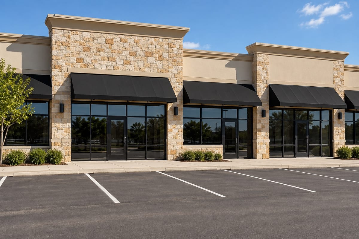 A Texas retail center with storefront bays under stone and stucco